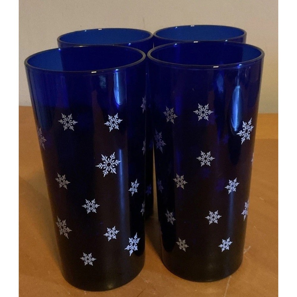 Libbey Cobalt Blue Cooler Glasses with White Snowflakes Set of 4‎ LRS349